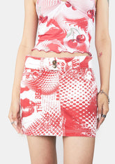 Red Dot Print Denim Mini Skirt