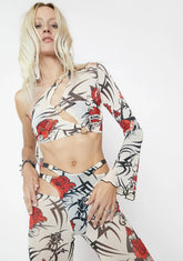 Beige Tattoo Rose One Shoulder Mesh Top