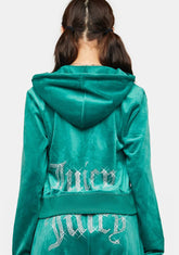 Jade Green Rhinestone Logo Zip-Up Hoodie