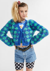 Static Cling Fuzzy Argyle Cardigan