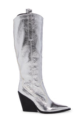 Nevada Knee High Wedge Cowboy Boots - Silver