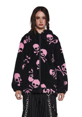 Skull On My Sleeve Hooded Sherpa Jacket - Pink