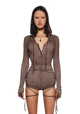 Crossfade Hooded Long Sleeve Romper - Brown