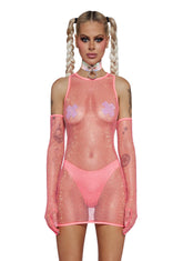 Stage Hopper Fishnet Dress Set - Pink