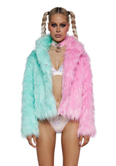 Balancing Act Faux Fur Jacket- Green/Pink