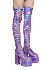 Rude Awakening Thigh High Boots - Purple Holographic