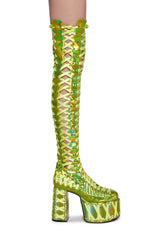 Rude Awakening Thigh High Boots - Green Holographic