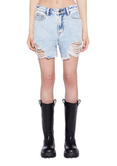 High Rise Distressed Denim Shorts - Light Blue