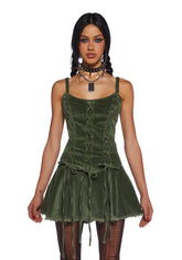 Little Miss Attitude Mini Dress - Green Corduroy