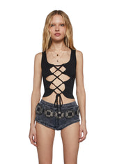 Celestial Bass Lace Up Crop Top - Black
