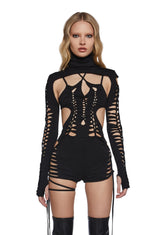 Chord Shredded Romper With Shrug - Black