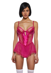 Spoiled But Not Rotten Lace Teddy - Hot Pink