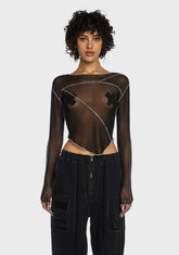 Replay Asymmetrical Mesh Long Sleeve Top - Black