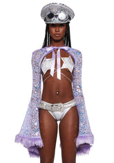 Sequin Faux Fur Trimmed Bell Sleeve Shrug - Purple