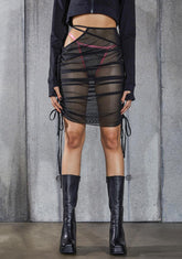 Snare Ruched Mesh Cut-Out Midi Skirt