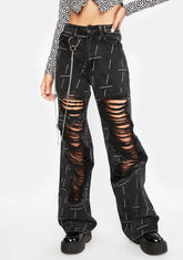 High Rise Baggy Boyfriend Jeans With Chain Detail And Distressing