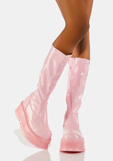 Pink Holographic Slacker-200 Knee High Boots