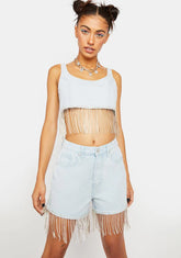 Denim Shorts With Diamante Fringe