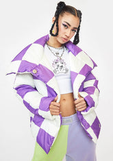 Purple Checkerboard Puffer Jacket