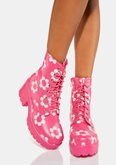 Orchis Charm Pink Flower Power Combat Boots