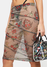 Tattoo Print Mesh Contrast Stitch Skirt