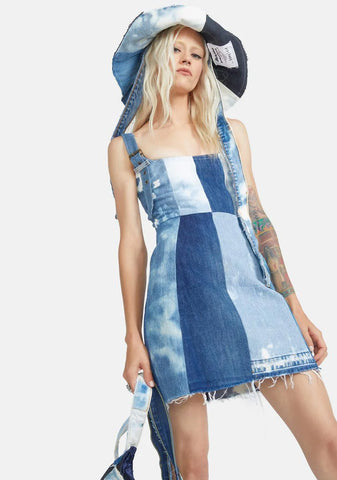 Reworked Denim Checkerboard Bleached Mini Dress