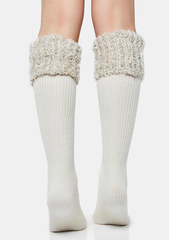 White Cozy Braid Knee High Socks