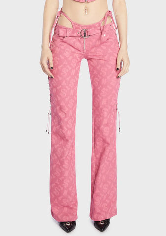 Pink Monogram Denim Low Cut Lace Up Pants