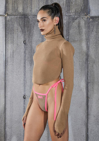 Snare Tan Open Back Turtleneck Crop Sweater