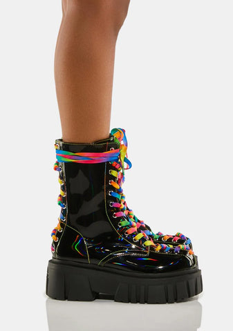 Laser Disco Rainbow Lace-Up Boots