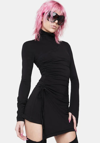 High Collar Pleated Mini Dress