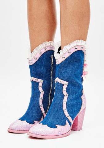Tickled Pink Denim Cowboy Boots