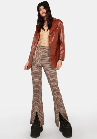 Brown Check Split Hem Trousers