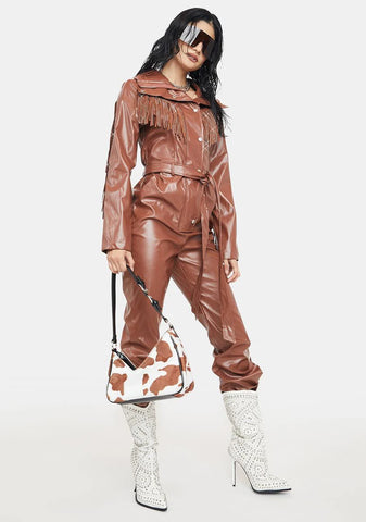 Mocha No Free Rides Fringe Jumpsuit