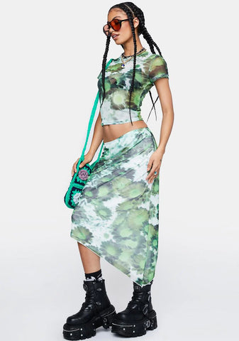 Xray Blurred Daisy Green Mesh Tansu Midi Skirt