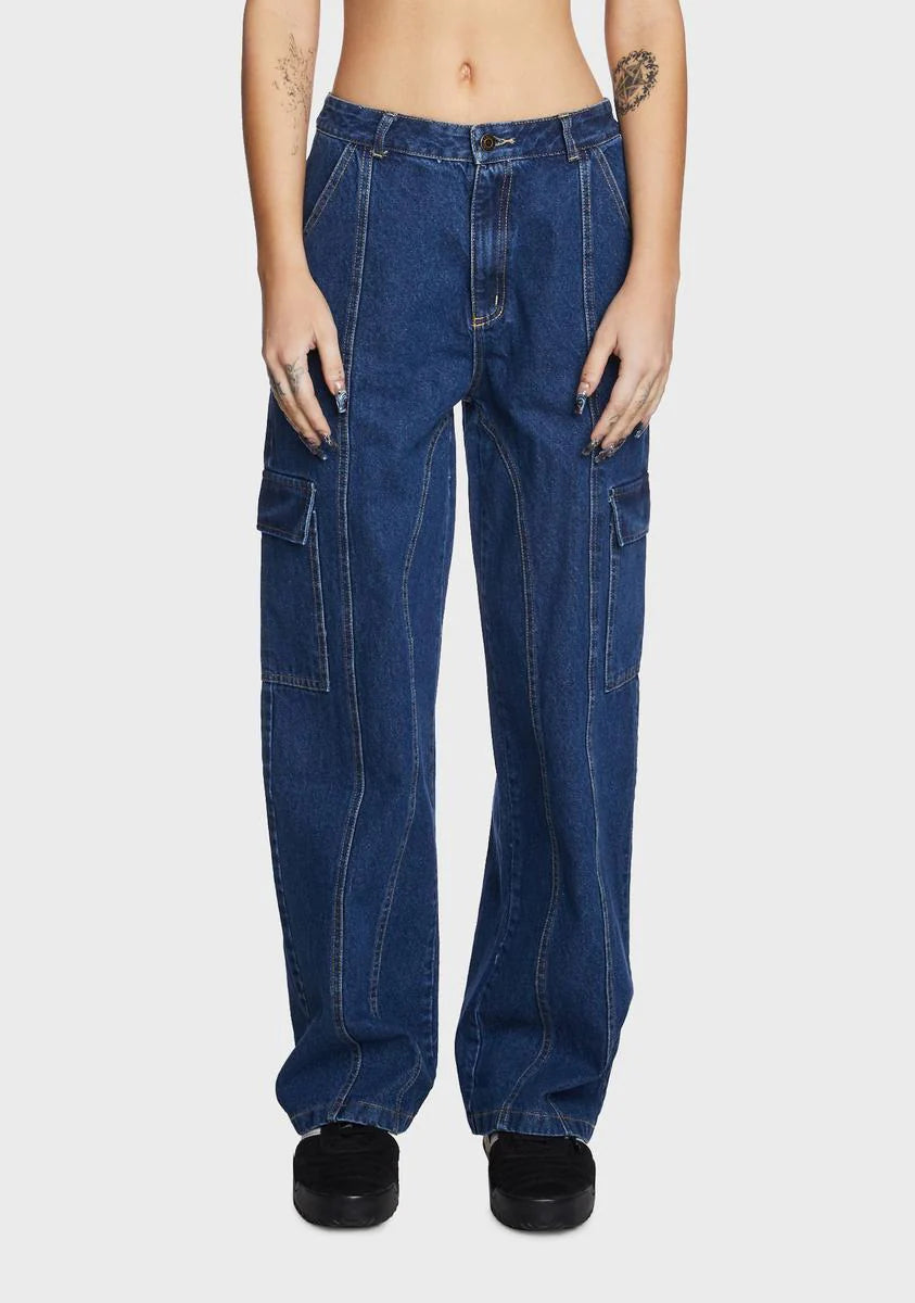 Wide Leg Denim Cargo Pants