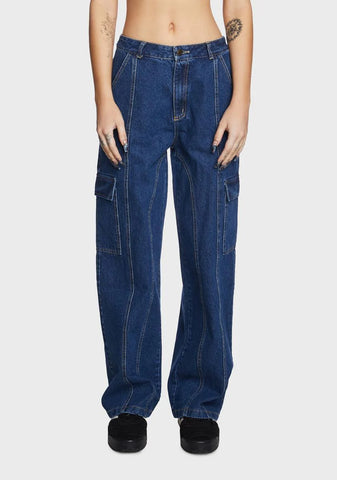 Wide Leg Denim Cargo Pants