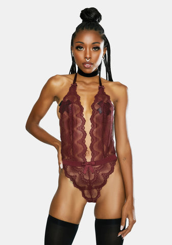 Wine Alessa Scalloped Lace Teddy