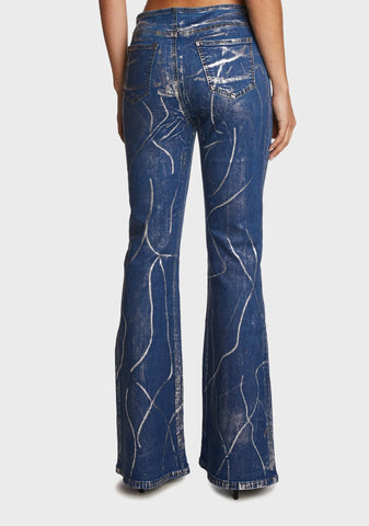 Metallic Coated Low Rise Flared Jeans