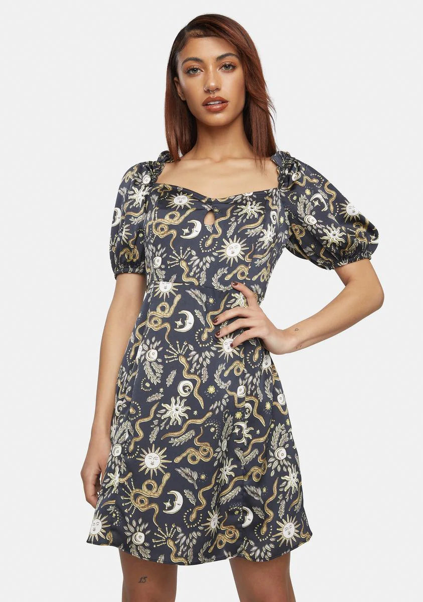 Black Sun Moon Puff Sleeve Mini Dress