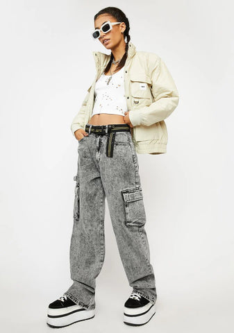 Washed Grey Low Rise Baggy Wide Leg Jeans