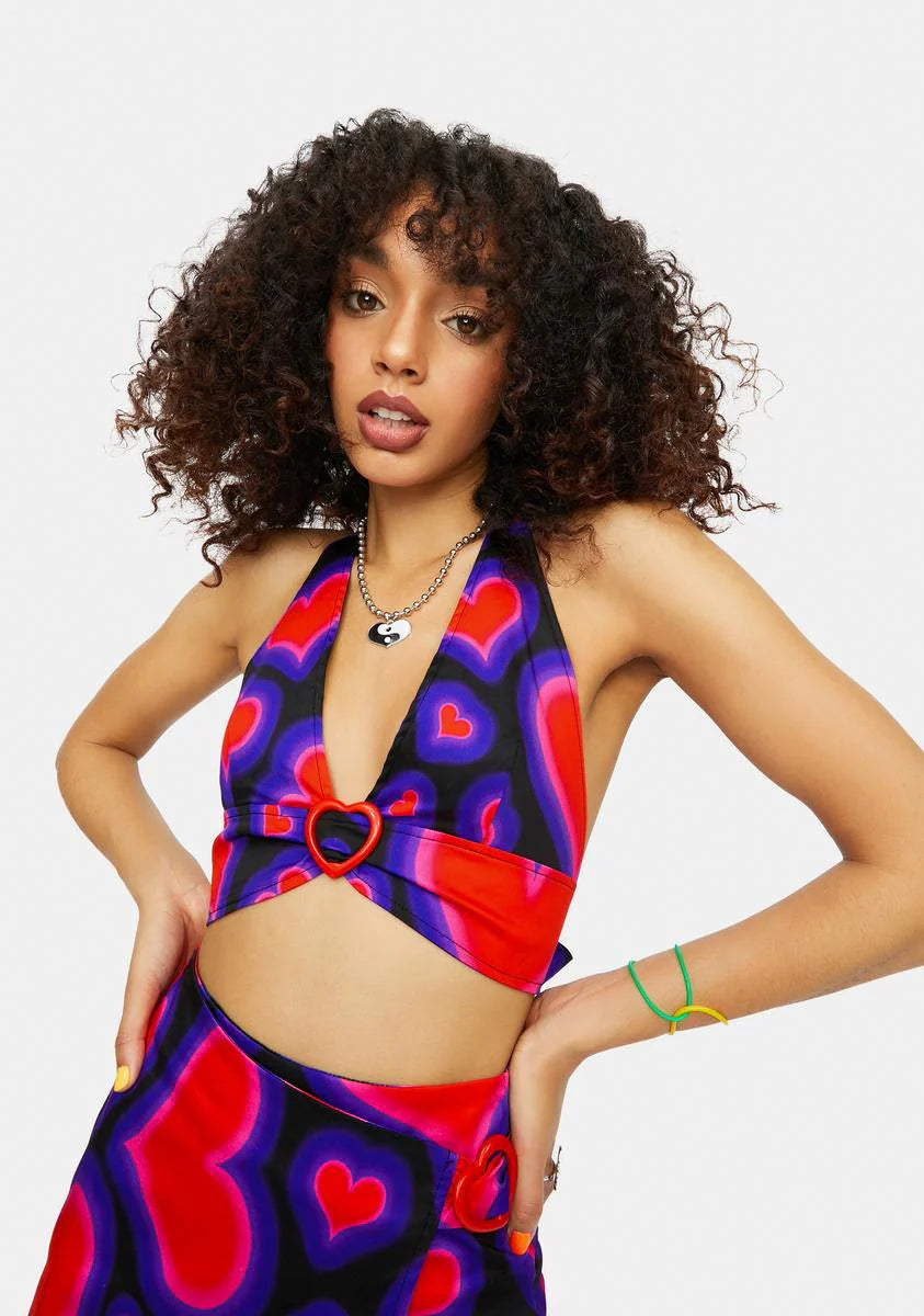 Electric Juice Plunge Heart Print Halter Top