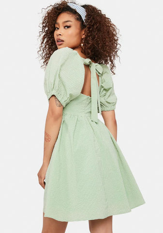 Sage Mellow Mood Puff Sleeve Mini Dress