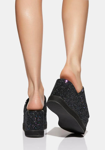 Black Glitter Bubble Platform Mules