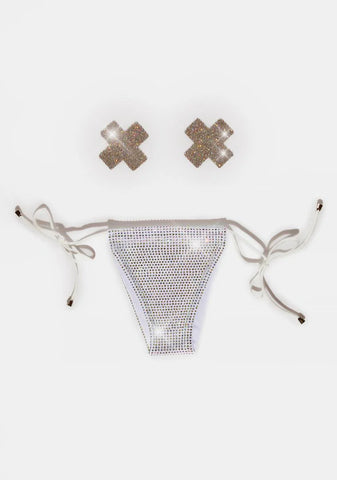 Silver Shiney Hiney Iridescent Rhinestone Pasties And Panty Set