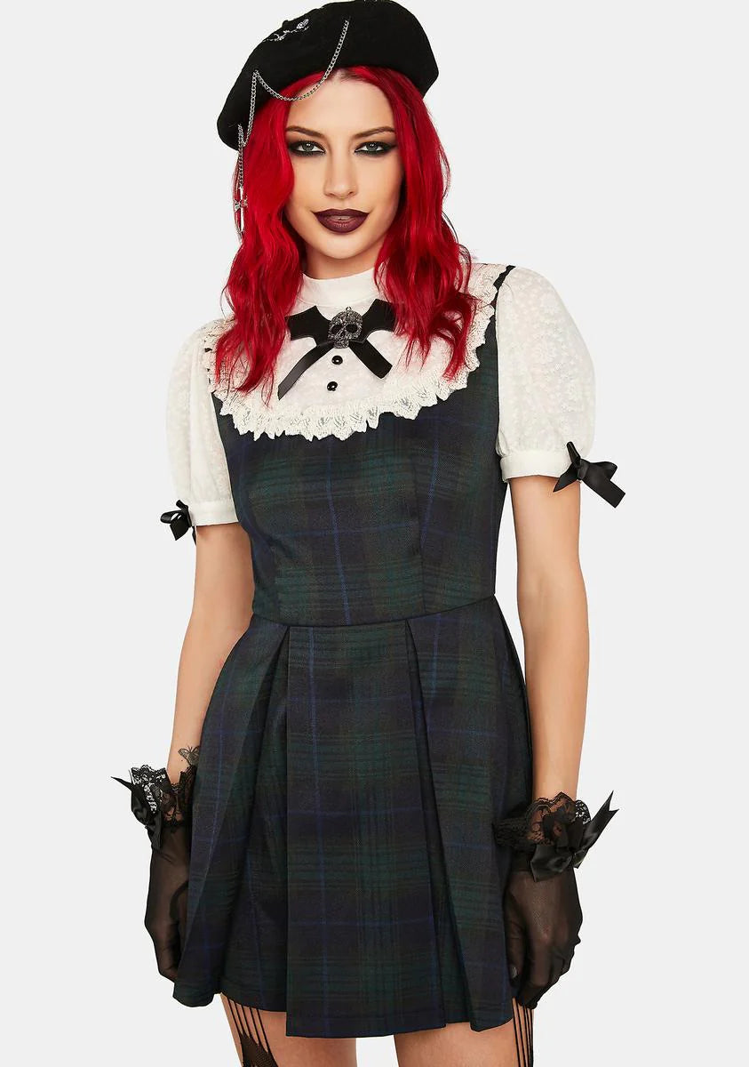 Skull Puff Sleeve Plaid Mini Dress