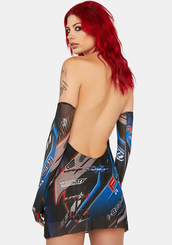 Blue Racing Mesh Drape Dress