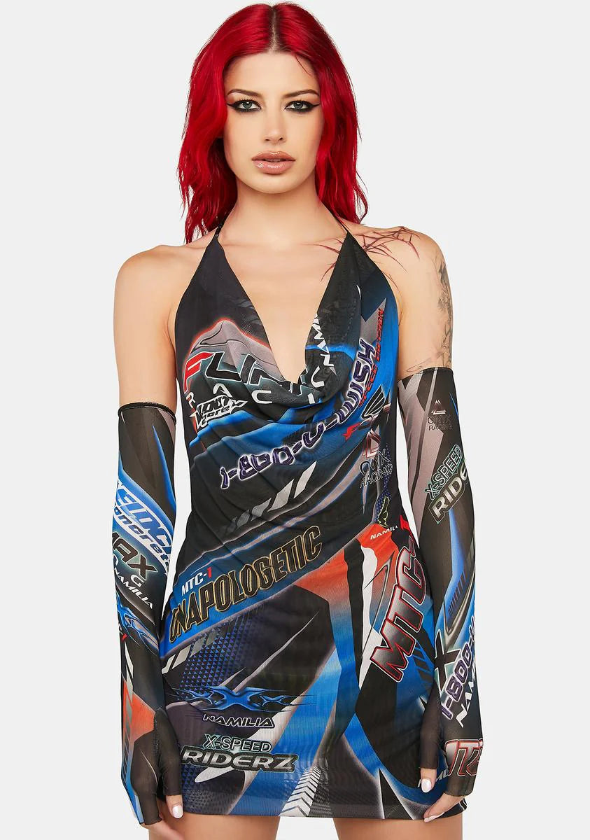 Blue Racing Mesh Drape Dress