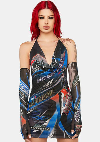 Blue Racing Mesh Drape Dress