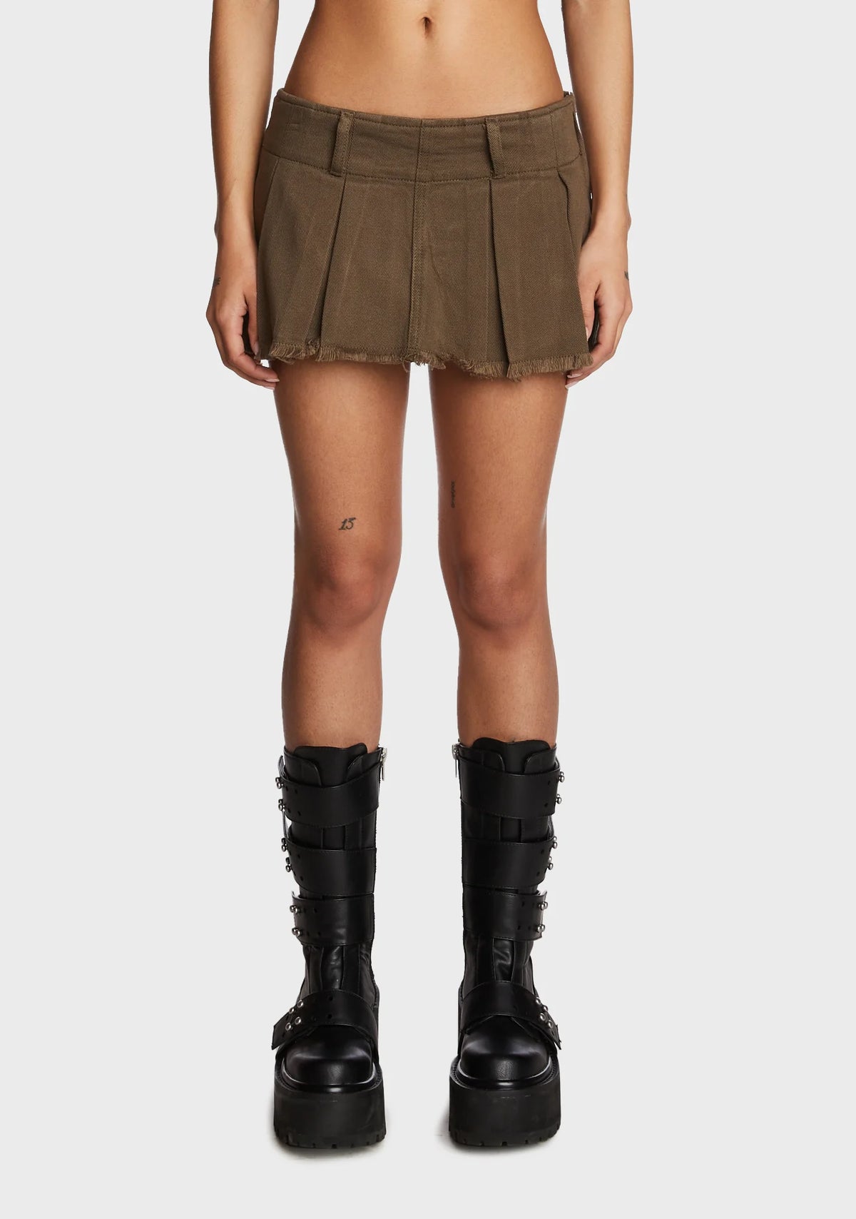 Washed Denim Pleated Micro Skort - Olive
